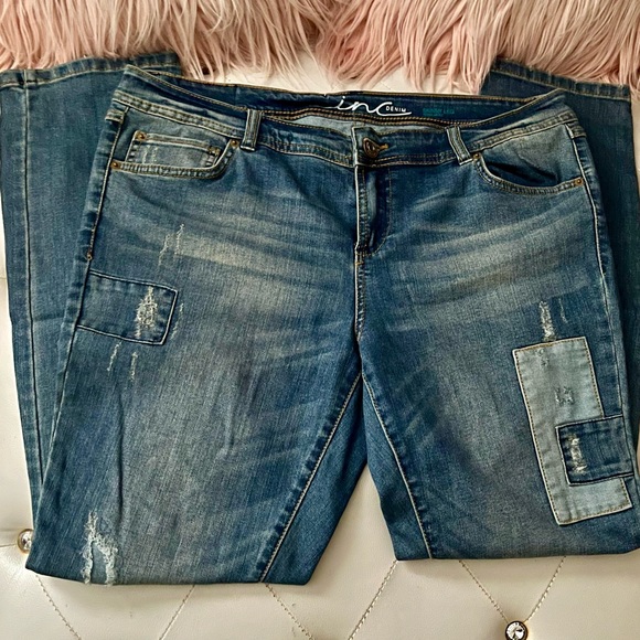INC International Concepts Blue Medium Wash Patchwork Skinny Jeans Size 16 - Picture 7 of 8